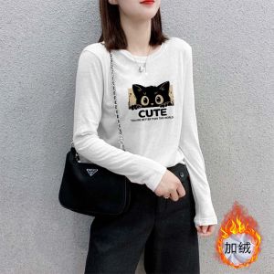 Áo Thun Cotton Dài Tay Màu Trắng Thời Trang Thu Đông Cho Nữ Áo Thun Cổ Tròn Dáng Rộng Thường Ngày Chất Liệu Cotton Phong Cách Hàn Quốc