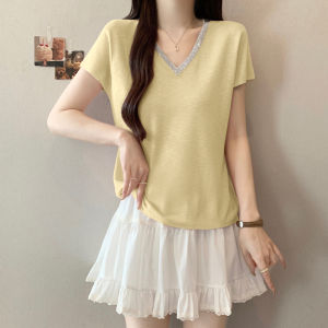Shalldoer | Áo thun nữ tay ngắn cổ chữ V màu vàng đơn giản kiểu Pháp mùa hè 2025 Áo thun nữ dáng ôm vừa vặn thời trang đa năng