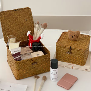 Adorable Bear Cosmetic Box Storage Basket Weaving Organizer Desktop Mess Tidy up Cute Rectangular Basket Handmade Korean Style