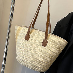 Fashionable Womens Straw Woven Tote Bag Single Shoulder Bag Underarm Basket Shape Leisure Handbag Soft Handle Polyester Lining