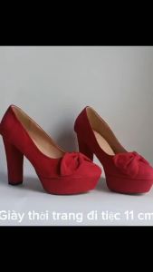 Giầy bít mũi đúp gót vuông cao mũi tròn gắn nơ xinh xắn NĐ42