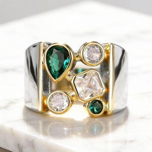 Huitan Geometric Women Ring Two Tone Luxury Wedding Party Accessories Inlaid Shining White/Green CZ Fashion Jewelry for Lady