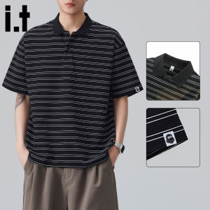 FINGERCROXX | Cotton Stripe Short Sleeve Polo Shirt Mens Loose Retro Casual Turn-down Collar T