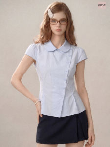 KBVVR | Blue Peter Pan Collar Short Sleeve Summer Preppy Style Waist Cinching Blouse