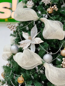 ริบบิ้นผ้าไหมสีสันสดใสสำหรับตกแต่งต้นไม้คริสต์มาส กระดาษปุ่มผ้าตาข่ายลายดอกไม้ ริบบิ้นลายโบว์ เครื่องประดับใหม่ แบรนด์ BONLU