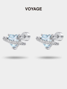 Blue Saturn Heart Titanium Alloy Ear Studs Ear Cuff Bone Studs Cool Trendy Earrings Titanium Steel Zircon Ear Jewelry