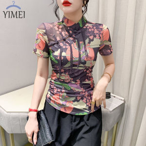 YIMEI เสื้อยืดผู้หญิงลายตาข่ายเกรดสูง2023ฤดูร้อนแฟชั่นแขนสั้นใหม่พิมพ์แผ่นดิสก์กระดุมย้อนยุคเสื้อยืดผู้หญิงกว่างโจวสวย