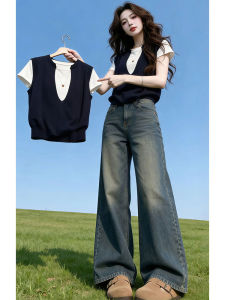 Shalldoer | Plus Size Slim Fit False Two Piece Knit T-Shirt Short Sleeve Blouse