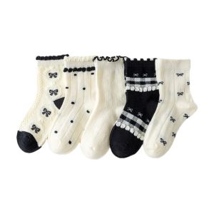5 Đôi Tất Trẻ Em Bé Gái Cotton Phối Ren Có Dây Thắt Nơ Mềm Mại Thoáng Khí Sọc Chống Trơn Trượt Nửa Phong Cách Công Chúa Để Mặc Hàng Ngày