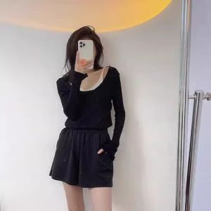 HUOLISI | Apricot Color Fake Two Pieces Off-Shoulder U-Neck Knit Sweater