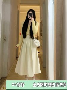 Ok Goodness Umbrella Skirt Womens Loose A-Line Long Dress Folded Waist High Spring New Style Korean Version Pastel Yellow