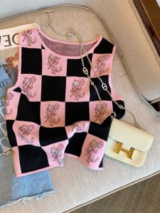 Girls Summer New Style Color Block Knitted Strap Top Korean round Neck Sleeveless Cartoon Fashion Vest Trendy Childrens Clothing