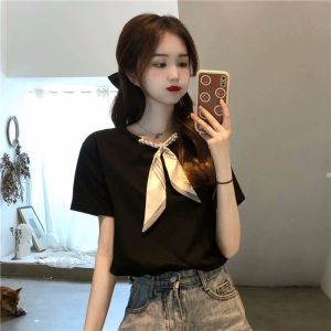 Black Slimming Cotton Short-Sleeved Womens Ribbon Bow Tie Niche Design Summer Lace-up T-shirt Shoulder Width Loose Tops