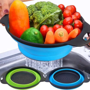 ตะกร้าท่อระบายน้ำซิลิโคนผักผลไม้แบบพับได้อุปกรณ์ที่เก็บเครื่องครัวสำหรับล้างกระชอนตะแกรงพับเก็บได้