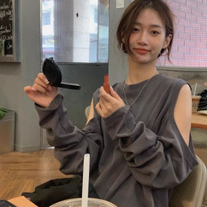 เสื้อยืดแขนยาวหลวมๆ สีเทา สำหรับผู้หญิง ฤดูใบไม้ผลิ 2024 แขนสั้น ทรงหลวม แขนยาว แฟชั่น เย้ายวนใจ เสื้อผ้าทำงานสไตล์เกาหลี