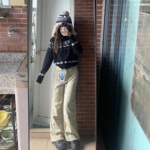 High Waist Wide Leg Khaki Bell Bottom Workwear Pants Women Loose Fit Slimming Jeans Casual Style Zipper Closure All Seasons