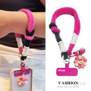 Short Plush Mobile Phone Lanyard Outdoor Sports Ring Holder Detachable Color Block Design Durable Nylon Braided Material
