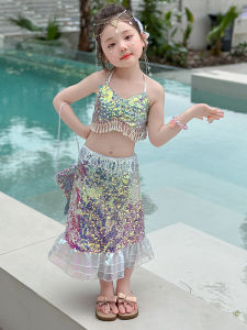 Princess Mermaid Tail Dress Sparkling Beach Outfit for Girls Baby Performance Summer Coastal Travel Dress with Scales