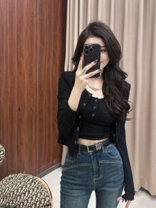 Black Knitted Set Womens Spring 2025 Slim Fit Long Sleeve Top Cardigan with Small Strap Two Piece Set Korean Style V Neck Button Detail