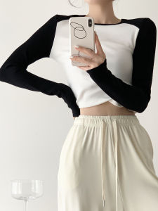 Womens Long Sleeve Knitted T-shirt Color Block Elastic Stretchy Base Shirt round Neckline Slim Fit Cotton Blend Top