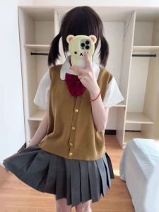 เสื้อกั๊กถักแขนกุดคอวีสีกรมท่า ชุดนักเรียน JK สำหรับผู้หญิง ฤดูใบไม้ร่วง 2025 เสื้อกั๊กถักแบบสวมใส่ภายนอก