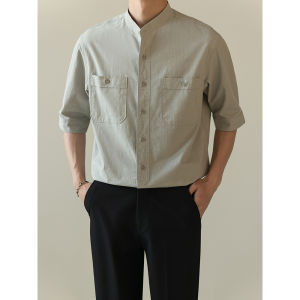 New Chinese Style Short Sleeve Shirt Mens Summer Korean Version Maturity Casual Business Stand Collar Pocket Half Sleeve Trendy