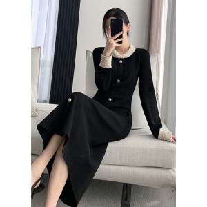 Elegant Hebe Style Pearl Dress Womens Autumn Winter French Fashion Slimming High End Feeling A-Line Skirt Casual round Neck