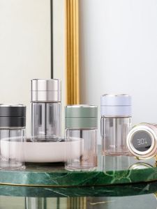 แก้วชาสองชั้นสแตนเลส แก้วดื่มน้ำชาแบบแยกชั้นสำหรับผู้ชาย แก้วดื่มน้ำชาแบบพกพา แก้วดื่มน้ำชาแบบพิมพ์ลาย ของขวัญ