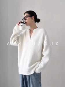 Loowmane American Style Long Sleeve Knitted Sweater Womens Loose V-Neck Base Layer Top for Autumn Winter White Comfortable