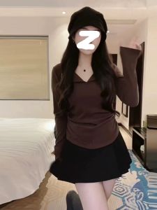 plus Size Womens V-Neck Fleece Long Sleeve T-Shirt Slimming Folded Hem Top for Autumn Commute Style Korean Fit Pure Color