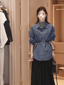 เสื้อเชิ้ตยีนส์ทรงหลวมสไตล์ฮ่องกงย้อนยุคสำหรับผู้หญิง แขนยาว ขนแกะ ทรงหลวม ทรงสลิมฟิต เสื้อผ้าทำงานสไตล์เกาหลี