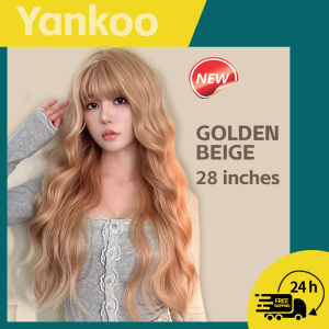 วิกผม71ซม. สีบลอนด์สีเบจสีทองผมหยิกยาวหน้าม้าโพลีเอสเตอร์คุณภาพสูงธรรมชาติ