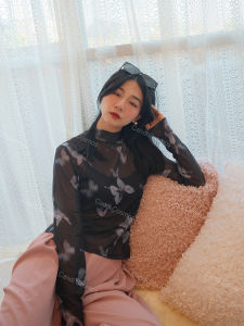 High Elasticity Long Sleeve Mesh T-Shirt Base Shirt Candi Cosmos Street Style Slim Fit Polyester Spandex Blend Spring 2025