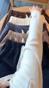 Quần ống rộng nỉ nhung tăm kiểu quần dài ống suông cạp chun lưng cao có dây rút chỉnh eo