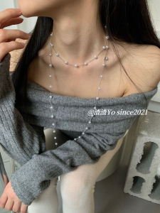 Korean Style Double Layer Long Pearl Necklace  out Fashion Jewelry for Women Alloy Material  Air Lockbone Chain
