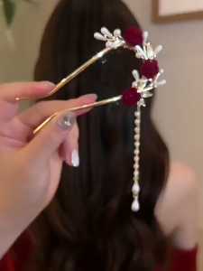 Nicedays🍒Jepitan rambut rumbai mutiara gaya retro/jepitan rambut daun mawar/jepitan rambut anak perempuan berbentuk U