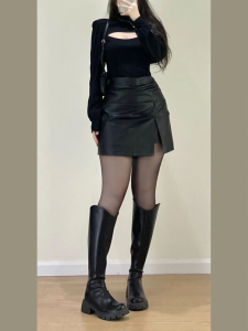 Váy Ngắn Chữ a Cạp Cao Màu Đen Cho Nữ Mùa Xuân Thu Cỡ Lớn Váy Ngắn PU Da PU Xếp Ly Váy Chữ a Thiết Kế Váy Ngắn