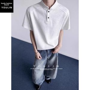 YOULIN | Ash Grey American Style Henry Collar Short Sleeve T-Shirt
