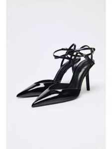 New Summer Painted Leather Effect High Heel Mules with Pointed Toe Open Back Slip-On Shoes Ladies Fashion Sandals Zakq Brand