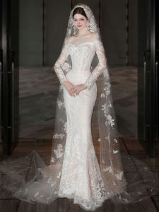 Elegant Lace Bridal Gown One Shoulder Fish Tail Light Luxury out Door Shot Travel Photography Wedding Dress for Ages 18-25