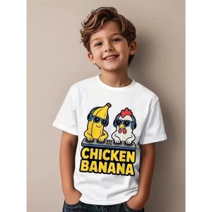 Bandai | Summer Cartoon Chicken Banana Print Childrens T-Shirt Crew Neck Kids Short Sleeve Casual Sports Fashion Boys Girls Clothes Tops