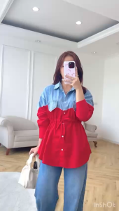 NANDO ATASAN KEMEJA WANITA KOREAN STYLE LENGAN PANJANG PINGGANG SERUT KATUN POPLIN MERAH DENIM SNOW