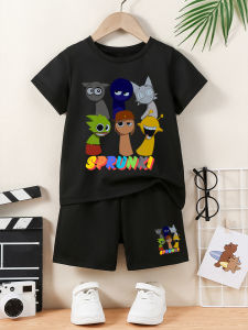 2-piece boys comfortable casual creative sprunki printed short sleeved T-shirt and shorts set summer outdoor clothing