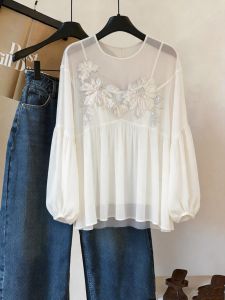AEJUONOS | Design Sensory Luxury Floral Embroidery Lantern Sleeve White Blouse