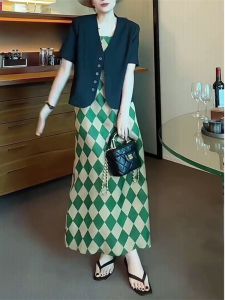 Elegant Short Sleeve Suit Top And Dress Set Womens Fashion Plaid Strapless Spring New Style Two-Piece Ensemble