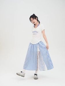 SANFU | Summer New Elegant High Waist Lace Plaid Maxi Skirt