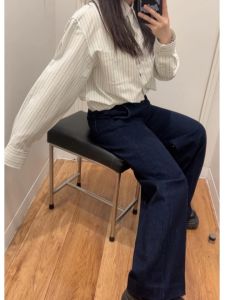 กางเกงยีนส์ทรงหลวมเอวสูงทรงตรงสีน้ำเงินเข้มสำหรับผู้หญิงไซส์ใหญ่ กางเกงขายาวทรงขากว้างสไตล์อเมริกันย้อนยุค