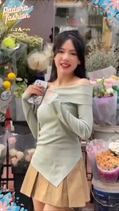 Áo trễ vai dài tay vạt chéo thun tăm Áo nữ trễ vai bánh bèo phong cách hotgirl Hàn Quốc Padora-A535