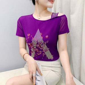 Yimei 2025 Mùa Hè Mới thiết kế thon gọn Gợi Cảm hở vai kim cương nổi bật Tím Top Thời Trang hai lớp lụa băng Lưới Áo Thun Tay Ngắn Cho Phụ Nữ