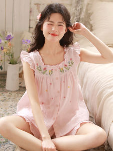 Áo Ngủ Mùa Hè Cho Nữ Sleep Island Cotton Muslin Vest Quần Short Quần Áo Mặc Nhà Cỡ Lớn Có Đệm Ngực Đồ Ngủ Dễ Thương